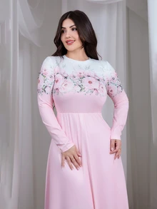 Nour Diyab Elegant Floral Gradient Print Crew Neck Long Sleeve A-Line Maxi Dress For Women, Spring - Multicolor - View 5
