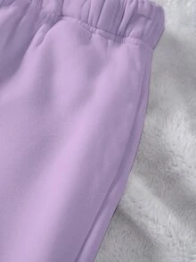 SHEIN 青少年女孩休閒運動可愛Y2K抓絨內裡寬鬆連帽衛衣運動褲2件套，仿亮片水鑽裝飾，秋冬套裝，紫色 - 彩色 - 查看 8