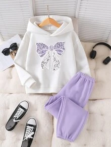 SHEIN 青少年女孩休閒運動可愛Y2K抓絨內裡寬鬆連帽衛衣運動褲2件套，仿亮片水鑽裝飾，秋冬套裝，紫色 - 彩色 - 查看 1