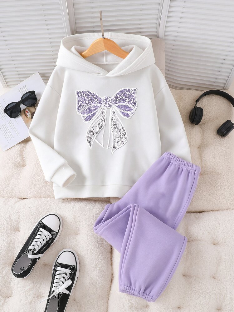 SHEIN Tween Girls Casual Athletic Cute Y2K Fleece-Lined Loose Hoodie Sweatpants 2pcs/Set, Faux Sequin Rhinestone, Autumn/Winter Outfit, Purple - Multicolor - View 1