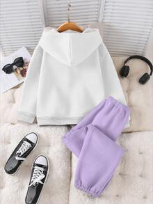 SHEIN 青少年女孩休閒運動可愛Y2K抓絨內裡寬鬆連帽衛衣運動褲2件套，仿亮片水鑽裝飾，秋冬套裝，紫色 - 彩色 - 查看 2