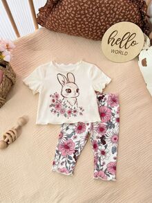 Newborn Baby Girl Summer Cute Cartoon Rabbit & Floral Print Short Sleeve T-Shirt And Elastic Waist Pants Set - Multicolor - View 3