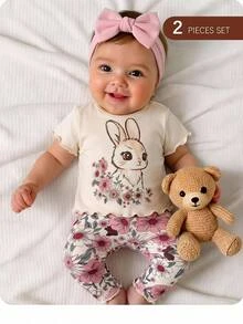 Newborn Baby Girl Summer Cute Cartoon Rabbit & Floral Print Short Sleeve T-Shirt And Elastic Waist Pants Set - Multicolor - View 1