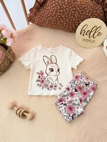 Newborn Baby Girl Summer Cute Cartoon Rabbit & Floral Print Short Sleeve T-Shirt And Elastic Waist Pants Set - Multicolor - View 4
