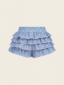 Young Girls Bow Decor Plaid Layered Ruffle Skirt Shorts Skorts For Girl Shorts For Girls Skirts Short Gingham Shorts Ruffle Shorts - Blue - View 4