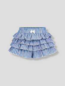 Young Girls Bow Decor Plaid Layered Ruffle Skirt Shorts Skorts For Girl Shorts For Girls Skirts Short Gingham Shorts Ruffle Shorts - Blue - View 2