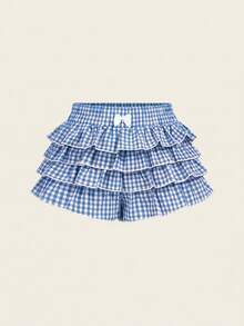 Young Girls Bow Decor Plaid Layered Ruffle Skirt Shorts Skorts For Girl Shorts For Girls Skirts Short Gingham Shorts Ruffle Shorts - Blue - View 3