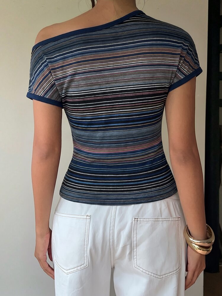 Aloruh Women's Minimalist Striped Colorblock Cropped Asymmetrical Shoulder T-Shirt - Multicolor - View 2
