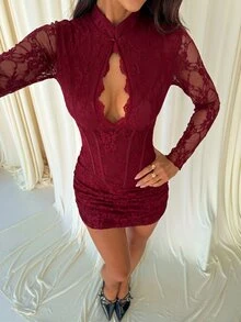 Aloruh Romantic Date Boho Long Sleeve Cutout Water Drop Neck Cinched Waist Ruched Lace Women's Dress - Burgundy - View 5