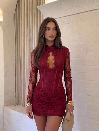 Aloruh Romantic Date Boho Long Sleeve Cutout Water Drop Neck Cinched Waist Ruched Lace Women's Dress