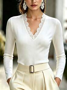 LUMIGAL Women's French Street Style Lace Patchwork Long Sleeve T-Shirt - White - View 3