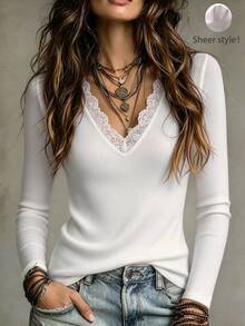 LUMIGAL Women's French Street Style Lace Patchwork Long Sleeve T-Shirt - White - View 1