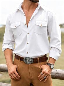 DREXORIN Men's Solid Color Single-Breasted Pocket Decor Long Sleeve Fashion Versatile Shirt - White - View 5