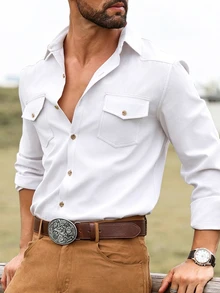 DREXORIN Men's Solid Color Single-Breasted Pocket Decor Long Sleeve Fashion Versatile Shirt - White - View 9