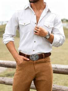 DREXORIN Men's Solid Color Single-Breasted Pocket Decor Long Sleeve Fashion Versatile Shirt - White - View 3