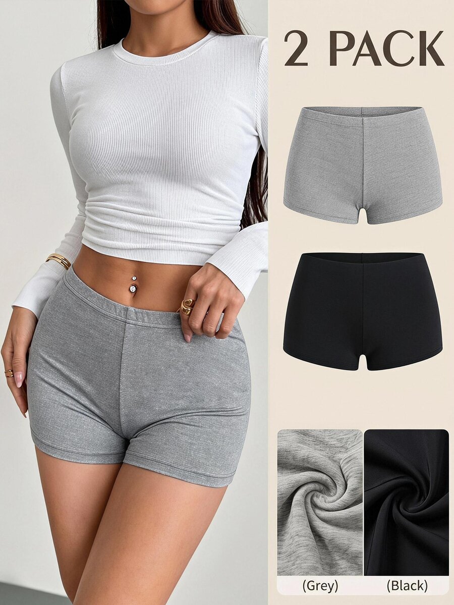 SHEIN PETITE 2件組女款針織修身短款內搭褲，休閒夏季穿著，適合外出，女款運動服，適合嬌小女性 - 彩色 - 查看 1