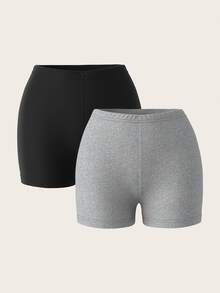 SHEIN PETITE 2件組女款針織修身短款內搭褲，休閒夏季穿著，適合外出，女款運動服，適合嬌小女性 - 彩色 - 查看 3
