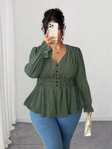 Elenzga Plus Size Women's Olive Green Polka Dot Chiffon Blouse,Elegant Everyday Waist Ruffle Floral Trim Design For Autumn,Prom,Party,Wedding,Date,Graduation - Army Green - View 2