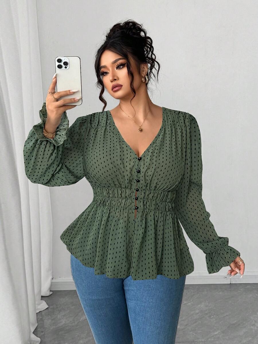 Elenzga Plus Size Women's Olive Green Polka Dot Chiffon Blouse,Elegant Everyday Waist Ruffle Floral Trim Design For Autumn,Prom,Party,Wedding,Date,Graduation - Army Green - View 1