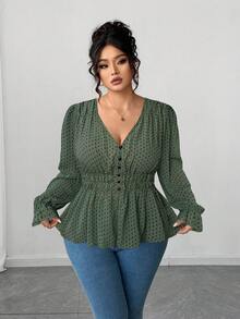Elenzga Plus Size Women's Olive Green Polka Dot Chiffon Blouse,Elegant Everyday Waist Ruffle Floral Trim Design For Autumn,Prom,Party,Wedding,Date,Graduation - Army Green - View 4