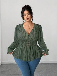 Elenzga Plus Size Women's Olive Green Polka Dot Chiffon Blouse,Elegant Everyday Waist Ruffle Floral Trim Design For Autumn,Prom,Party,Wedding,Date,Graduation - Army Green - View 5