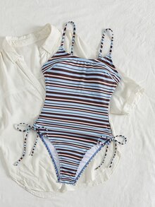 SHEIN Swim 女士最新时尚沙滩装，撞色条纹连体泳衣，优雅性感夏季沙滩度假装 - 彩色 - 查看 6