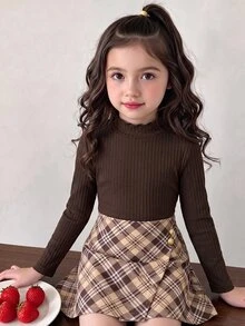 SHEIN 2件組女童長袖T恤與格紋裙套裝，適合外出、街頭風、返校、校園穿搭，秋季款 - 彩色 - 查看 3