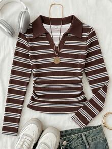 Kids Tween Girls Collared Long Sleeve T-Shirt Brown Maillard Color Palette Striped, Suitable For Autumn/Winter, Versatile For Outings And Gatherings - Multicolor - View 3