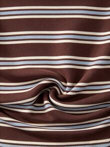 Kids Tween Girls Collared Long Sleeve T-Shirt Brown Maillard Color Palette Striped, Suitable For Autumn/Winter, Versatile For Outings And Gatherings - Multicolor - View 5