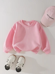SHEIN 女童粉色長袖運動衫，寬鬆版型圓領套頭衫，背面印有復古字母圖案 - 粉色 - 查看 3