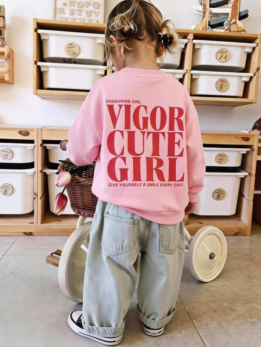 SHEIN Girls' Pink Long Sleeve Sweatshirt, Loose Fit Crew Neck Pullover With Vintage Letter Print On Back - Pink - View 1