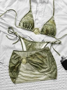 Swim SXY 3pcs Retro Printed Halter Bikini Set With Bandage Pants And Mesh Mini Skirt, Fashionable & Sexy Swimwear - Multicolor - View 7