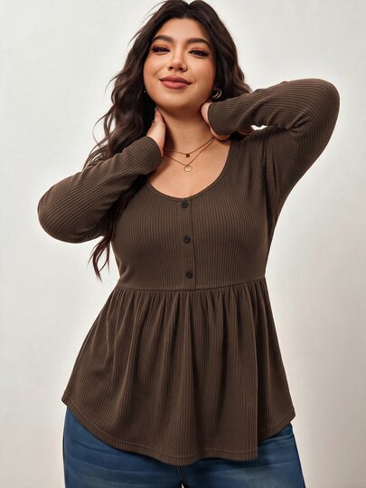 Enliva Plus-Size Women's Casual Everyday Stretch Long-Sleeved Slim-Fit Black Top, Simple Babydoll Style