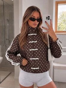 Aloruh Women's French Stripe & Polka Dot High Neck Zip-Up Jacket,Autumn,Winter Autumn Outfit For Women Coffee-Colored Jacket With Polka-Dot Frog Closures - Brown - View 10