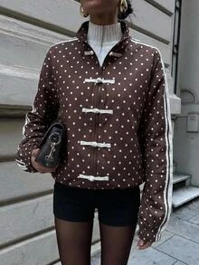 Aloruh Women's French Stripe & Polka Dot High Neck Zip-Up Jacket,Autumn,Winter Autumn Outfit For Women Coffee-Colored Jacket With Polka-Dot Frog Closures - Brown - View 8