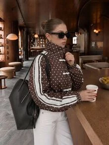 Aloruh Women's French Stripe & Polka Dot High Neck Zip-Up Jacket,Autumn,Winter Autumn Outfit For Women Coffee-Colored Jacket With Polka-Dot Frog Closures - Brown - View 5