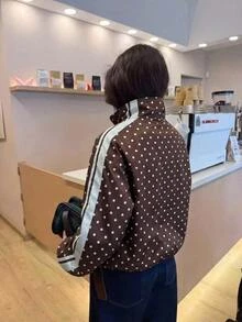 Aloruh Women's French Stripe & Polka Dot High Neck Zip-Up Jacket,Autumn,Winter Autumn Outfit For Women Coffee-Colored Jacket With Polka-Dot Frog Closures - Brown - View 2
