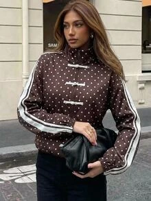 Aloruh Women's French Stripe & Polka Dot High Neck Zip-Up Jacket,Autumn,Winter Autumn Outfit For Women Coffee-Colored Jacket With Polka-Dot Frog Closures - Brown - View 4