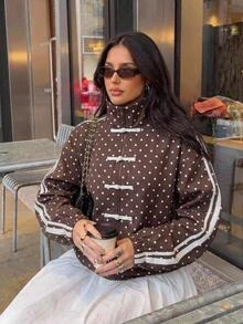 Aloruh Women's French Stripe & Polka Dot High Neck Zip-Up Jacket,Autumn,Winter Autumn Outfit For Women Coffee-Colored Jacket With Polka-Dot Frog Closures - Brown - View 1