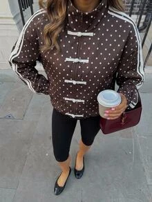 Aloruh Women's French Stripe & Polka Dot High Neck Zip-Up Jacket,Autumn,Winter Autumn Outfit For Women Coffee-Colored Jacket With Polka-Dot Frog Closures - Brown - View 11