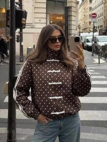 Aloruh Women's French Stripe & Polka Dot High Neck Zip-Up Jacket,Autumn,Winter Autumn Outfit For Women Coffee-Colored Jacket With Polka-Dot Frog Closures - Brown - View 6