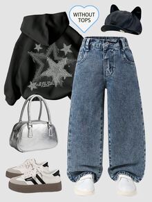 Young Girl Y2K Cowgirl Street Daily Elastic Waist Straight Jeans With Flat Pockets, Daily OOTD Summer Fall Baby Blue Autumn Winter - Dark Wash - View 2