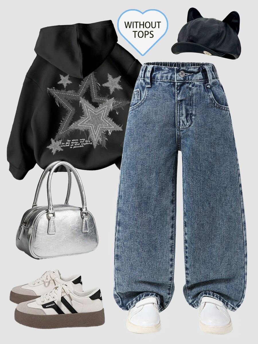 Young Girl Y2K Cowgirl Street Daily Elastic Waist Straight Jeans With Flat Pockets, Daily OOTD Summer Fall Baby Blue Autumn Winter