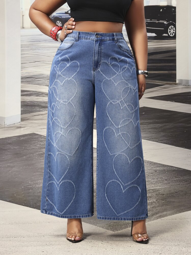 Slaydiva Plus Size Women's All-Season Heart Laser Burned Distressed Blue Denim Wide Leg Pants - Medium Wash - View 5