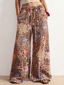 Bohemela 大尺碼女款抽繩腰豹紋寬腿鬆身長褲，休閒優雅度假風，巧克力棕色，夏季 - 咖啡棕 - 查看 5