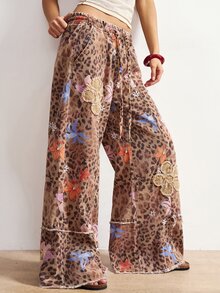 Bohemela 大尺碼女款抽繩腰豹紋寬腿鬆身長褲，休閒優雅度假風，巧克力棕色，夏季 - 咖啡棕 - 查看 4