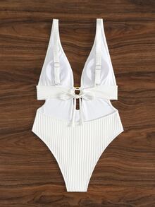 SHEIN Swim New Summer Solid Color Textured Fabric Ring V-Neck Backless Strap Beach Resort One-Piece Swimsuit - White - View 8
