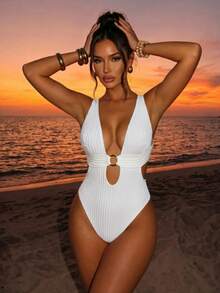 SHEIN Swim New Summer Solid Color Textured Fabric Ring V-Neck Backless Strap Beach Resort One-Piece Swimsuit - White - View 3