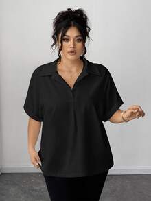 Elenzga Black Summer Plus Size Shirts, Smart Casual Traditional Business Formal Office Blouses, Solid Color Front Button Batwing Halloween Teachers' Day - Black - View 7