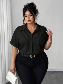 Elenzga Black Summer Plus Size Shirts, Smart Casual Traditional Business Formal Office Blouses, Solid Color Front Button Batwing Halloween Teachers' Day - Black - View 1